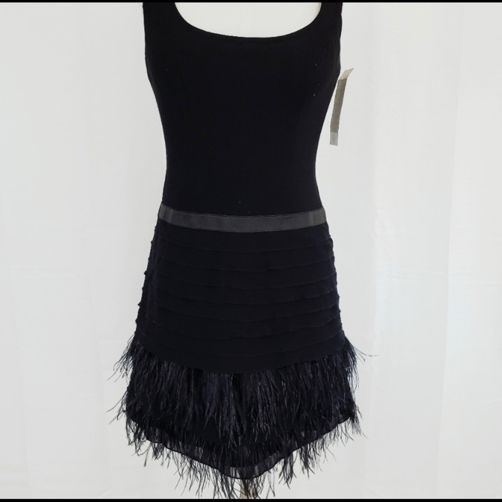 Faviana Glamour feathered little black dress.